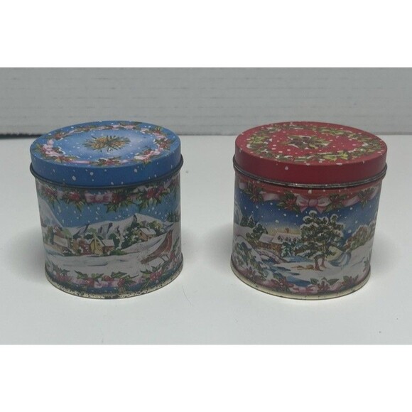 2 Vintage 1985 Lillian Vernon Christmas Used Winter Scene Candle Tins w/Lids - Picture 1 of 9